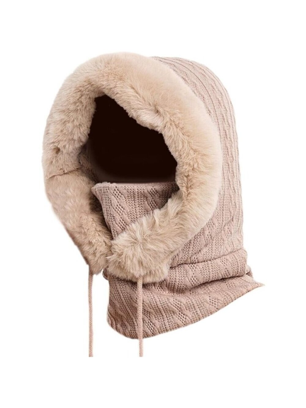 Women Beige Polyester Warm Thick Fluff Beanie Adult Neck Face Winter Balaclava